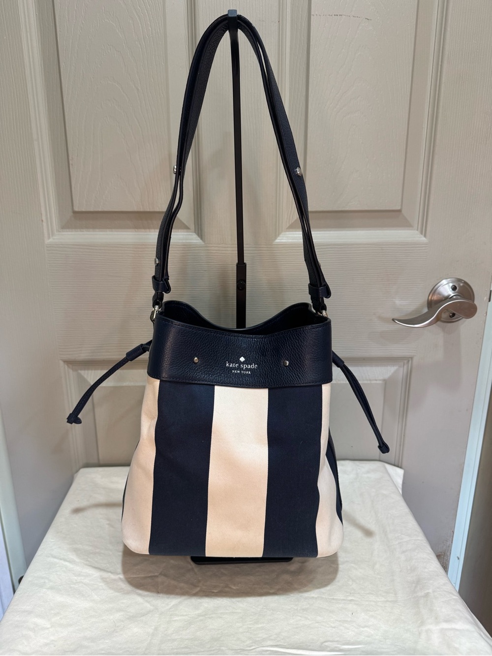 Kate Spade Marti Even Stripe Shoulder Bucket Bag Blue Canvas Crossbody Handbag